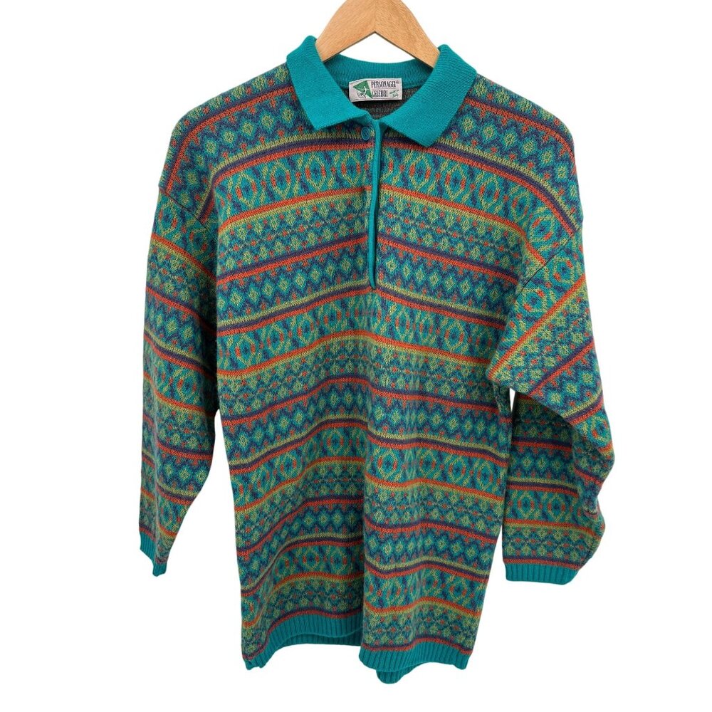 Vintage‎ Personaggi Celebri Sweater Mens Medium Blue Wool Blend Collar